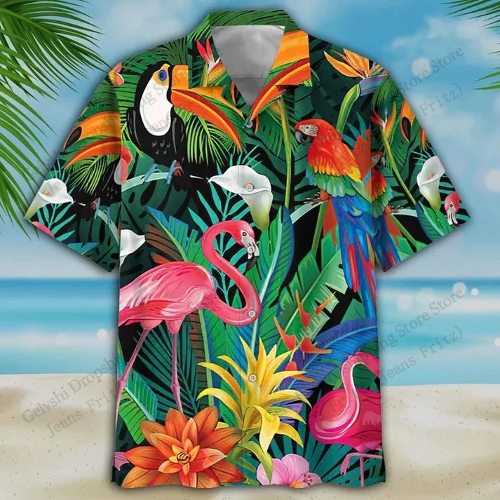 Camisa hawaiana Tropic Flamingo para hombre, camisa con estampado de pájaro lorito en 3D, camisa de playa de manga corta a la moda para hombre/mujer, blusa para hombre, Camisas