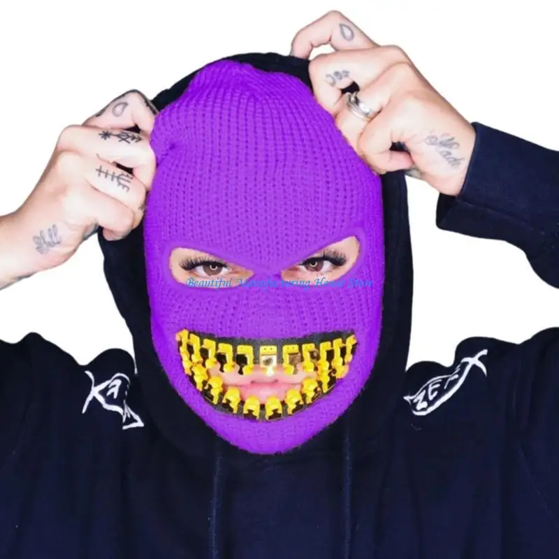 

E56A Halloween Balaclava Knit Beanie Hat Scary Teeth Robber Party Holiday Winter Warm Hat Full-Head Robber Theme for Teens