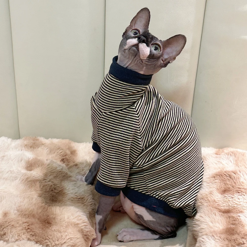 High-necked Striped Shirt for Sphynx Cat Long Sleeves Cotton Undercoat Winter for Kittens Soft Pajamas for Devon Rex in Spring