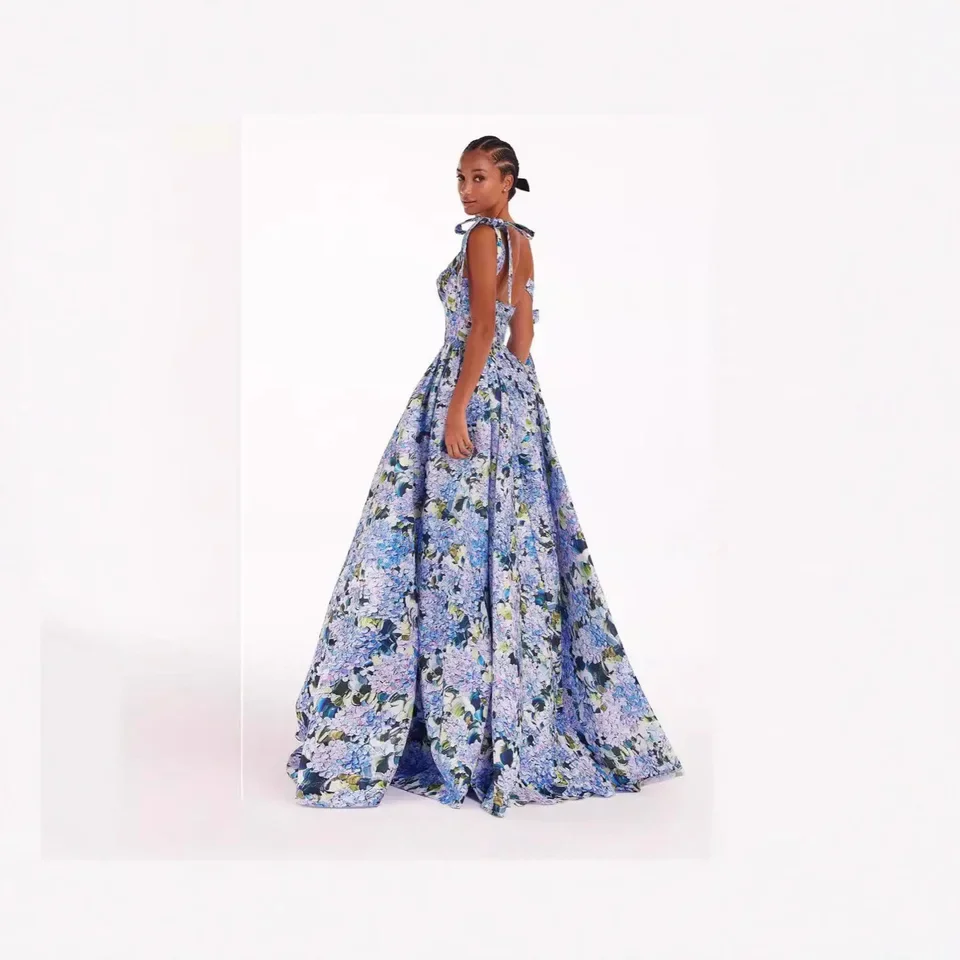 2025 New Blue Floral Off Shoulder Bow Tie A Line Long Evening Gown Women 3D Tailoring Elegant Fairy Dress Formal Banquet Dress