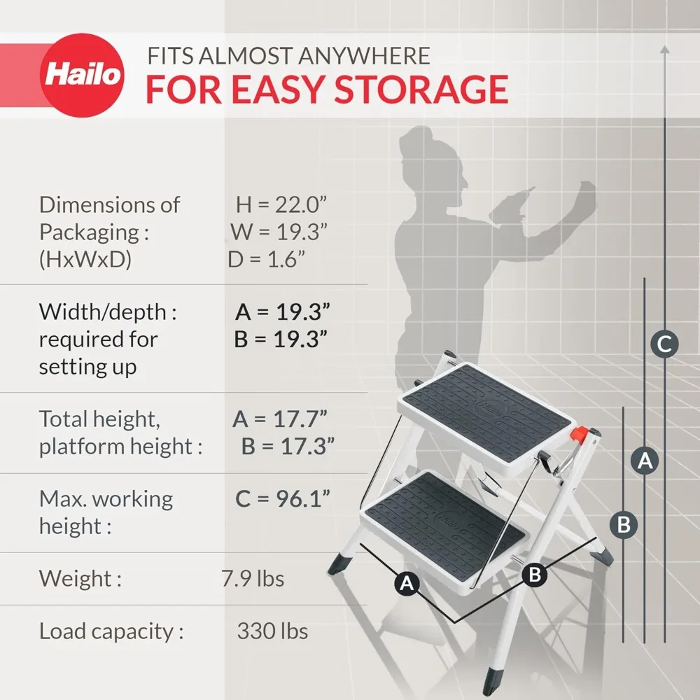 mini banco compacto de aço com degraus antiderrapantes, capacidade de peso de 330 libras, botão de segurança e alça portátil para fácil armazenamento