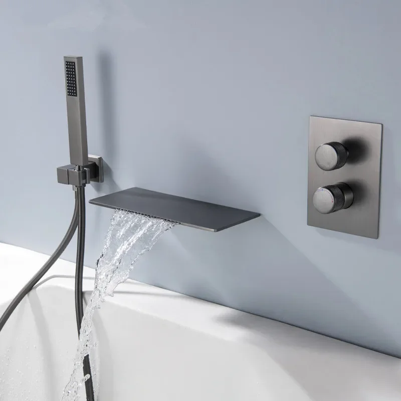 Gray Bathtub and Shower Faucet Set Brass  Waterfall  Mixer With Handheld Waterfall  Tap