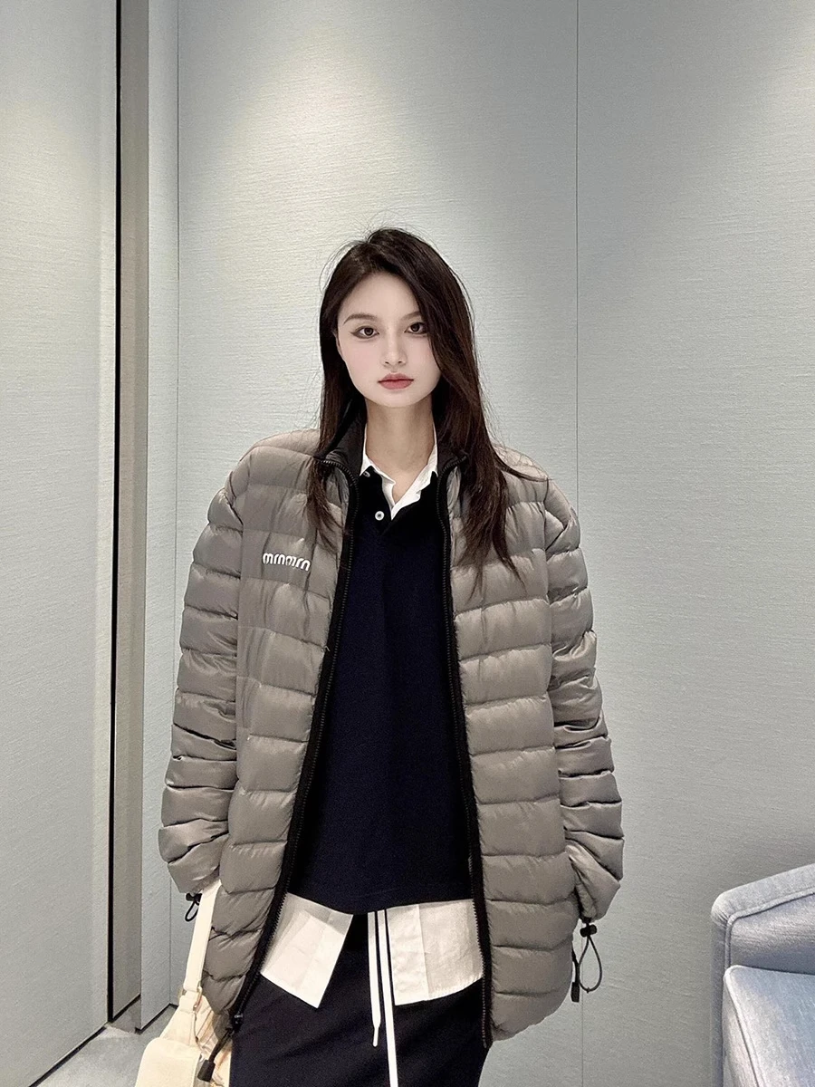 Lotton High-Defn Autumn Winter New Sle Embroidered Letter Logo Zipper Bright Surface down Jaet Stand Collar Women