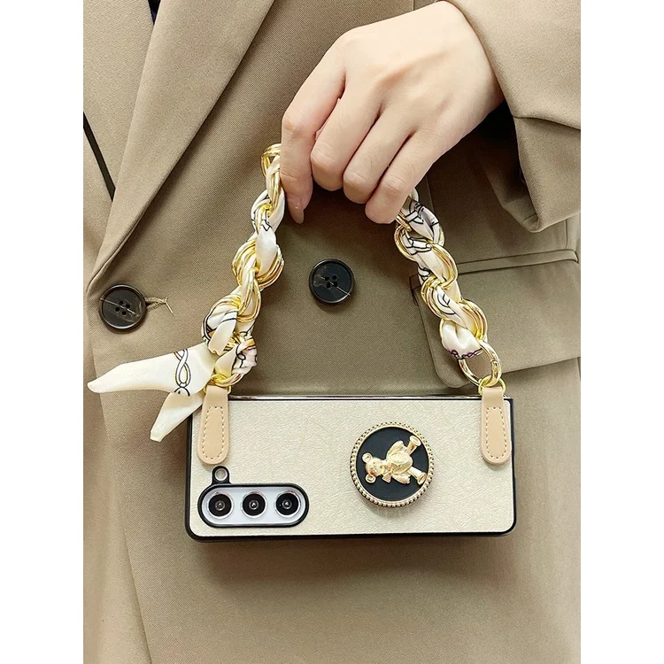 

Luxury Fashion Bear Stand Holder Gold Leather Phone Case For Samsung Galaxy Z Fold 7 6 5 4 3 5G Cover With Chain Of Silk Scarve