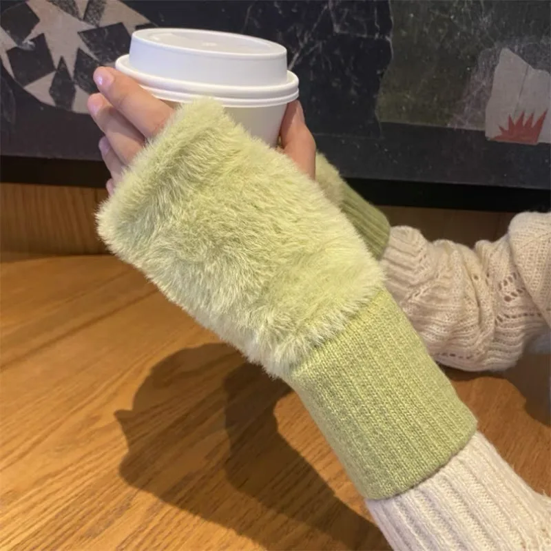 Plush Half Finger Glove Women Winter Solid Color Knitted Thicken Writing Working Soft Fluffy Warm Fashion Fingerless Wrist Guard