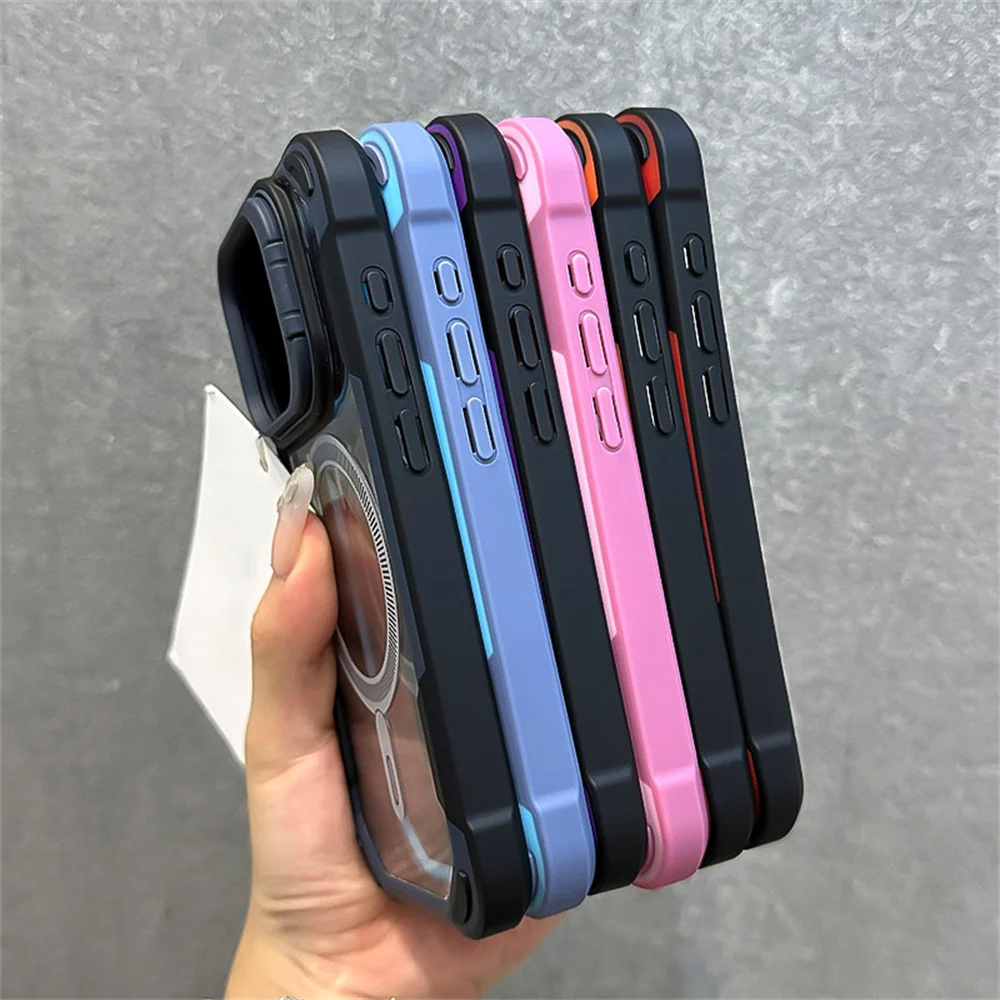 Luxury Contrast Color Armour Magnetic Phone Case For iPhone 16 15 14 13 12 Pro Max 11 Folding Lens Holder For Magsafe Back Cover