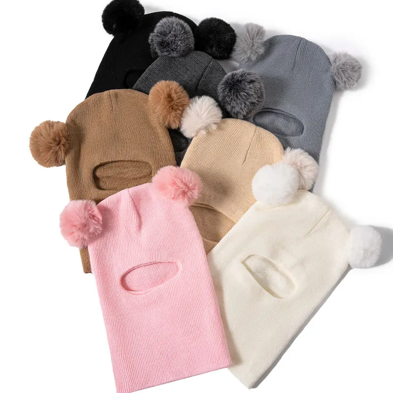 

Зимние мужские и женские детские толстовки для детей 1-6 лет, толстые теплые двойные шарики, милый шарф, шапка, встроенная защита ушей