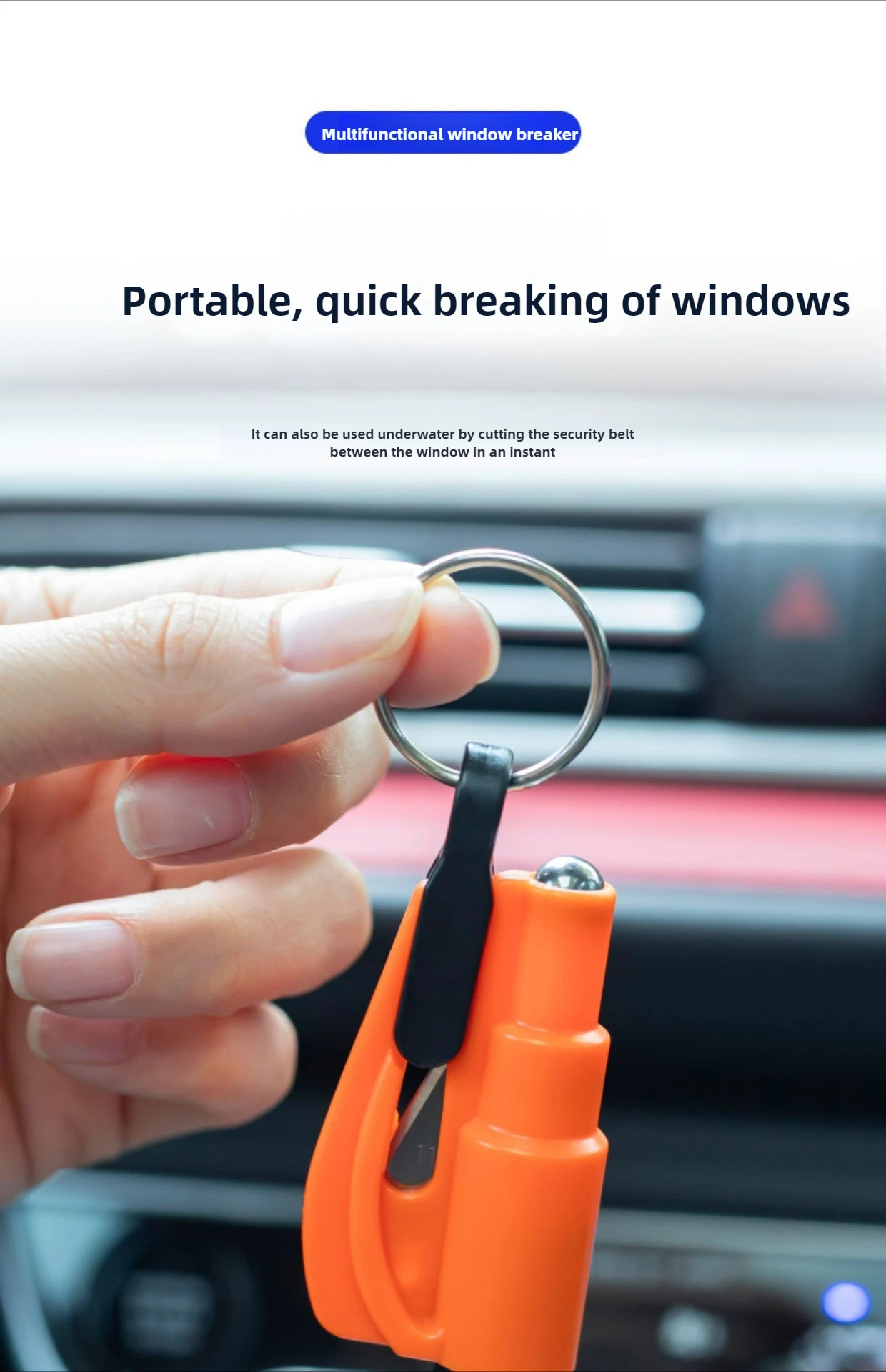 Kompakter 3-in-1-Sicherheitshammer für Autos, Fensterbrecher und Sicherheitsgurtschneider, Notfallrettungsgerät für Fahrzeugzubehör – Detail 5