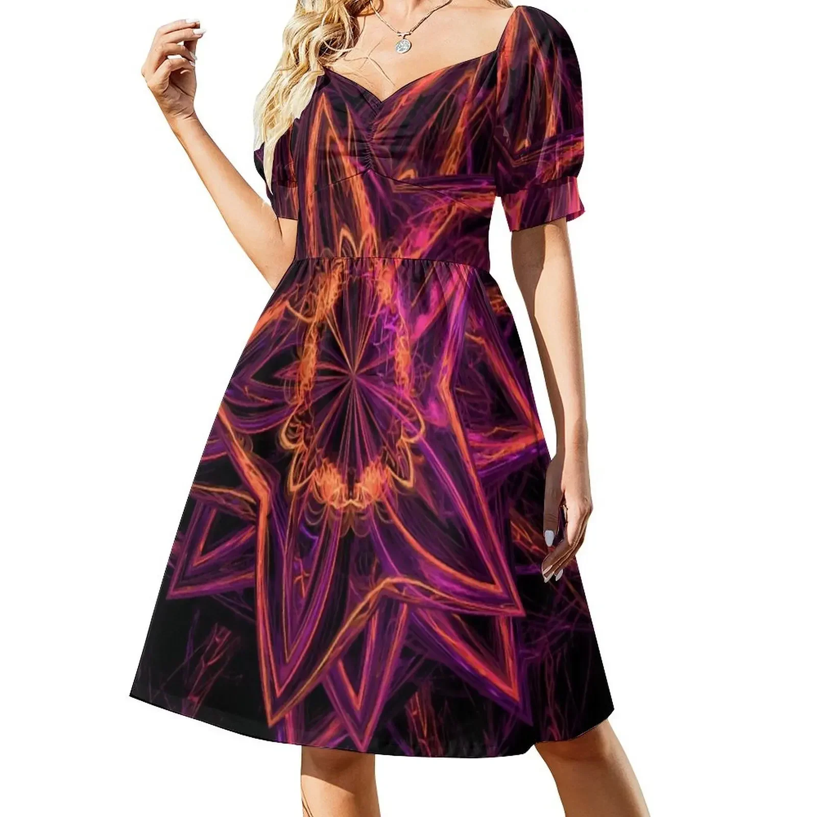 

red orange yellow fractal flower Short-Sleeved Dress luxury evening dress woman for wedding dresses korean style Dress