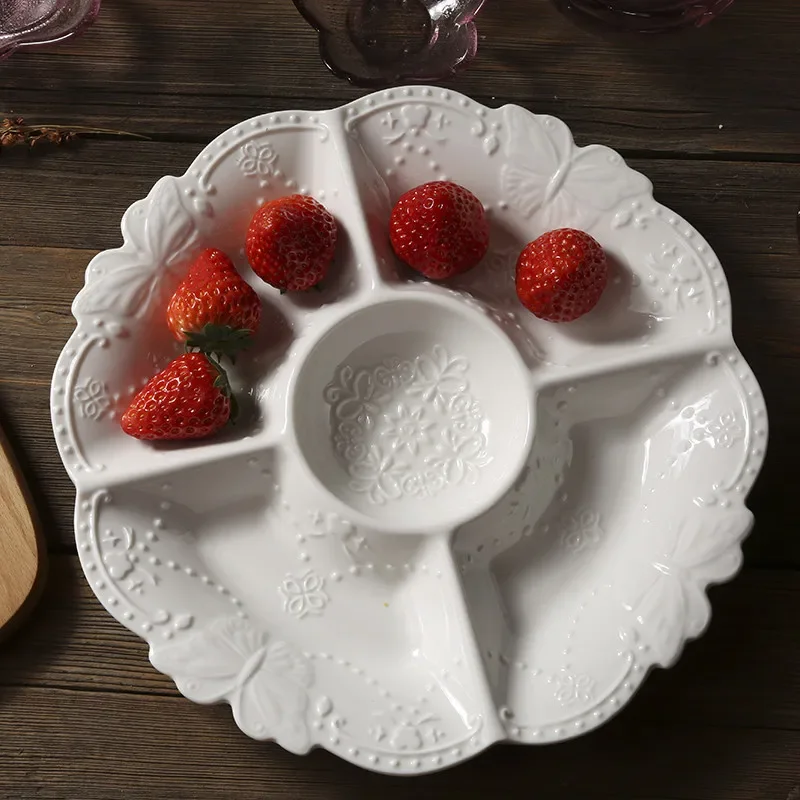 European Ceramic Divided Fruit Tray Embossed Craft Creative 5 Grid Snack Plate Home Living Room Decor Tableware