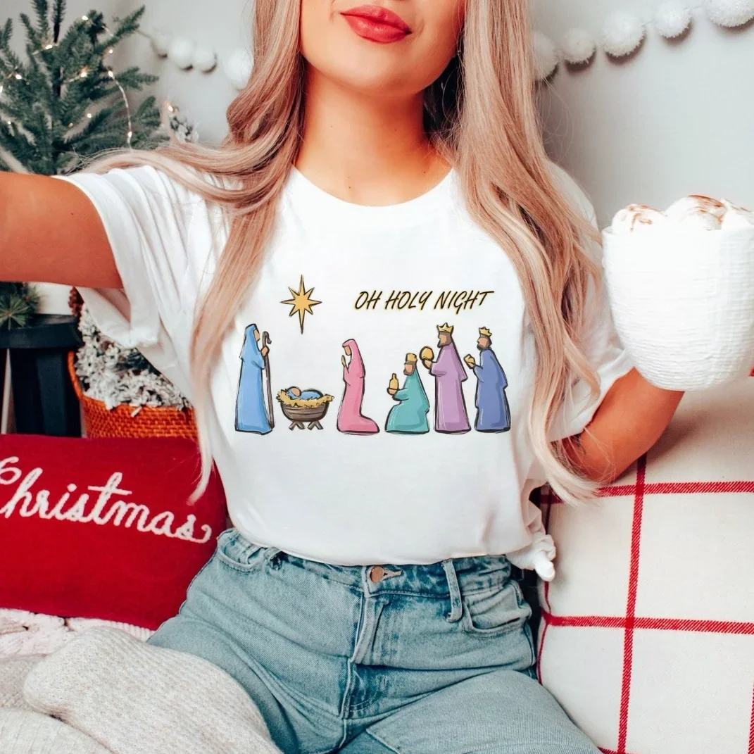 Oh Holy Night True Story Nativity Pattern Women's Harajuku Casual O-Neck T-Shirt Top Short Sleeve Printed New Trendy T-Shirt