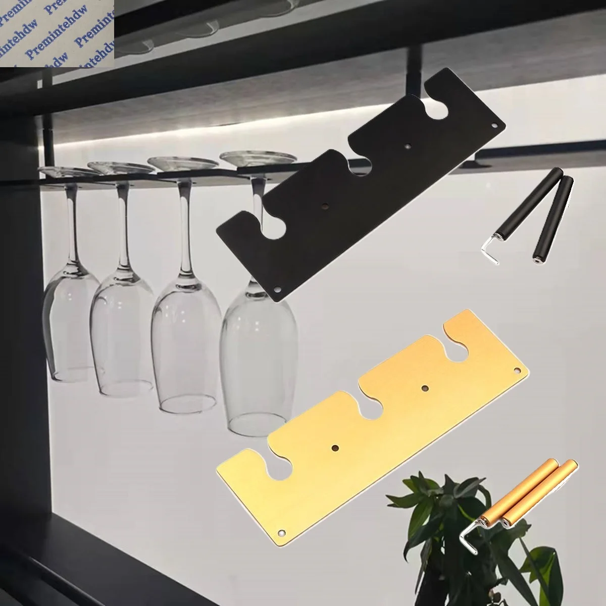 

1Pc Under Wall Cabinet Aluminum Wine Glass Stemware Hanging Holder Rack Gold Black