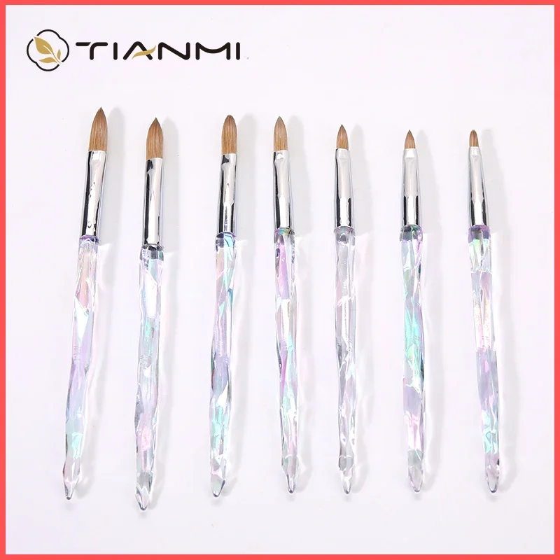 Clear Nail Art Brush Crystal Handle Kolinsky Hair Gel Nail Builder Salon Drawing Carving Brushes Manicure Tool Nail Design Pens