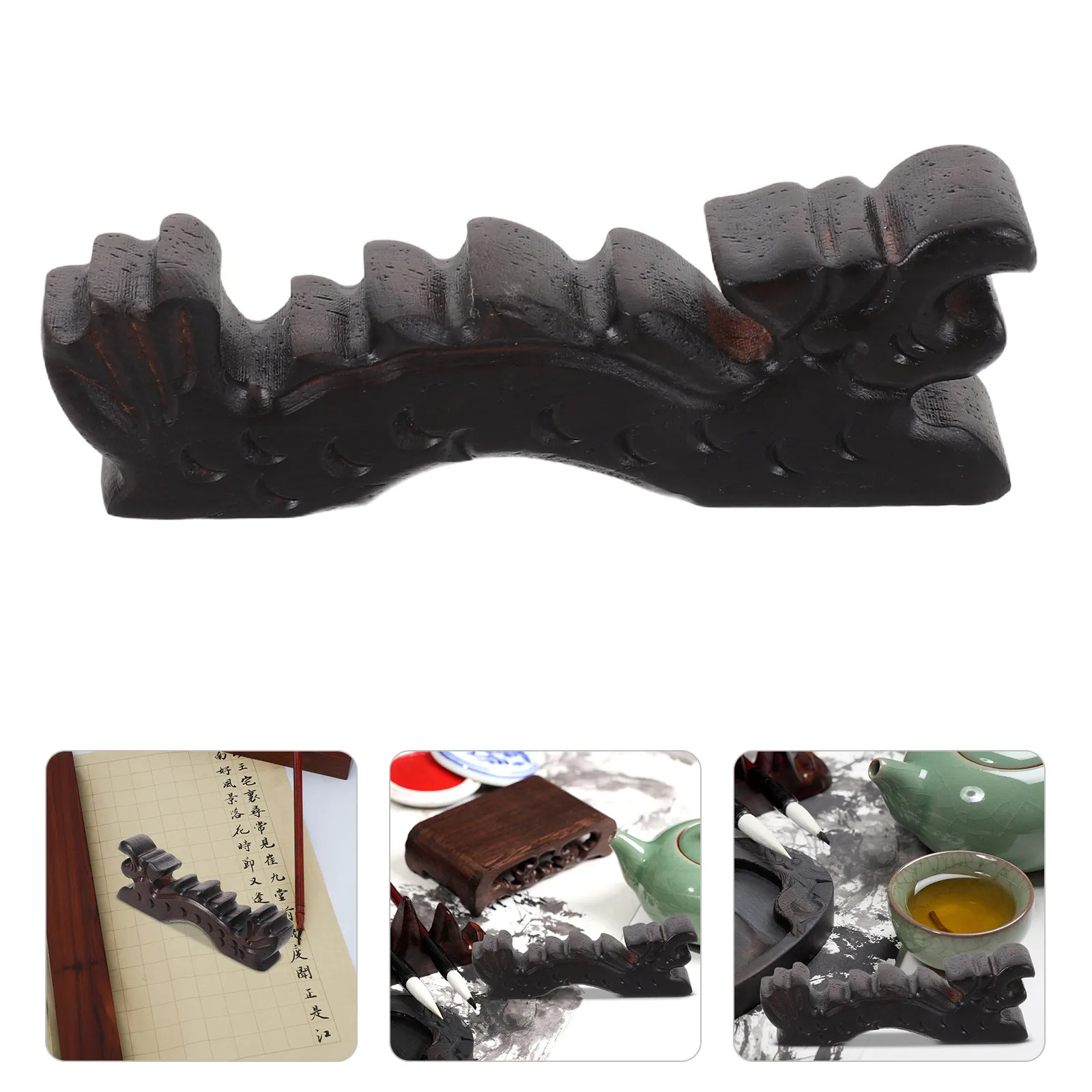 Dragon Shape Black Wood Chinese Calligraphy Brush Holder Paintbrush Stand Artist Watercolor Brush Rest for Studio Decoration