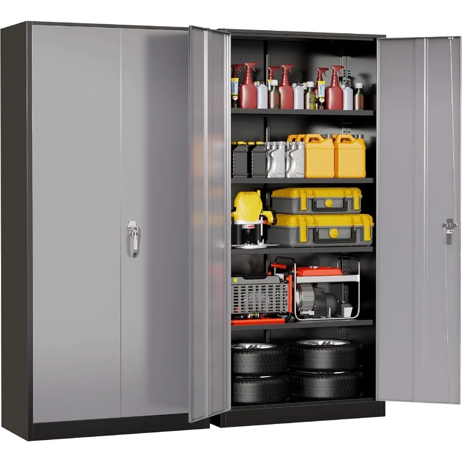 Metal Storage Cabinet with Lock 72 H Garage Storage Cabinet with Doors and 4 Adjustable Shelves Black Grey Steel Locking Cabine