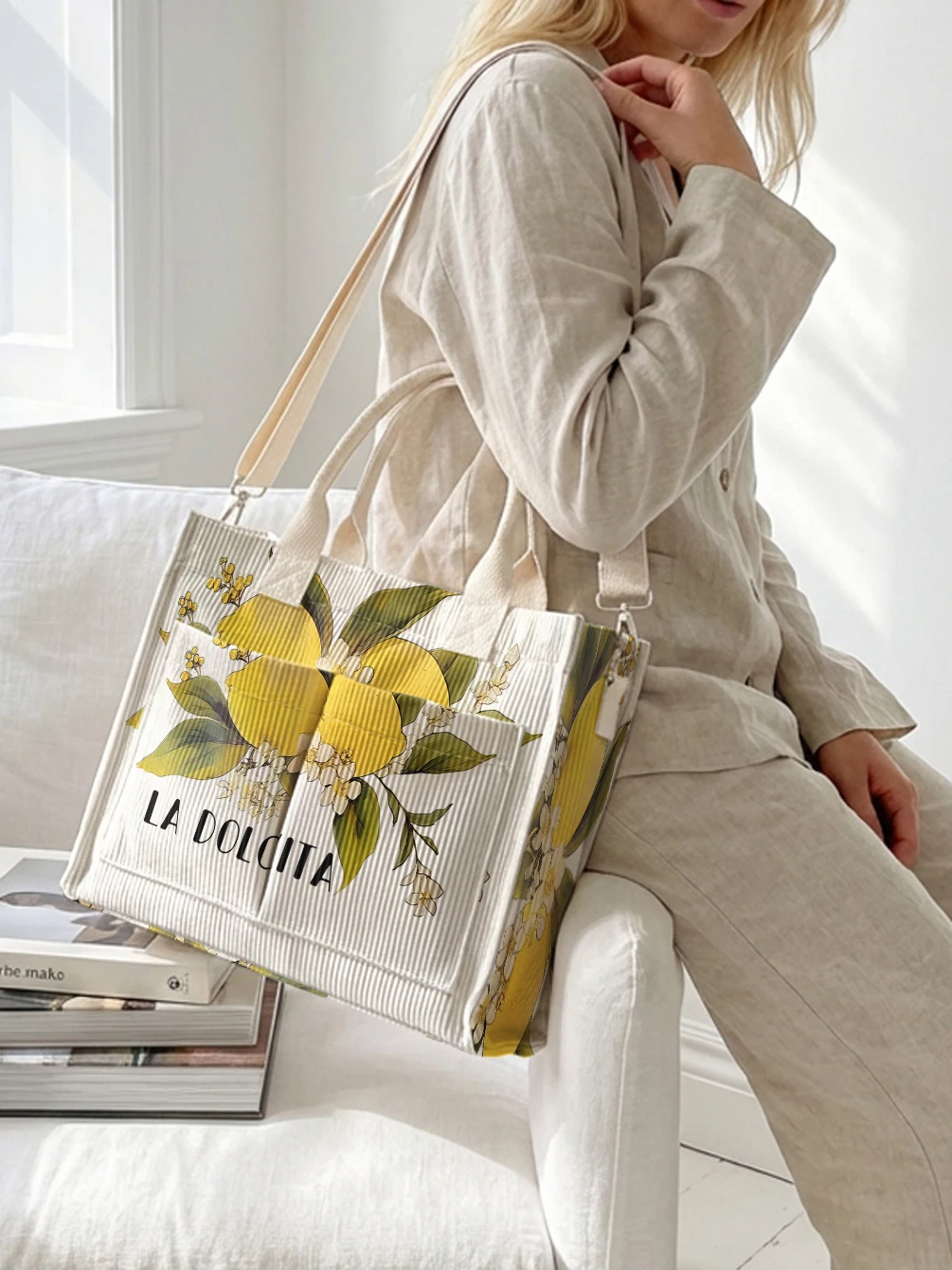 Lemon Print Corduroy Tote Bag Large Capacity Multi Pocket Commuter Shoulder Bag