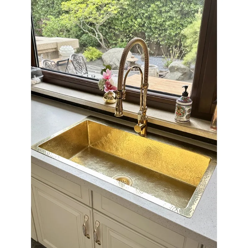 

French retro kitchen large single slot embedded island table water bar table sink pure copper gold under-counter basin