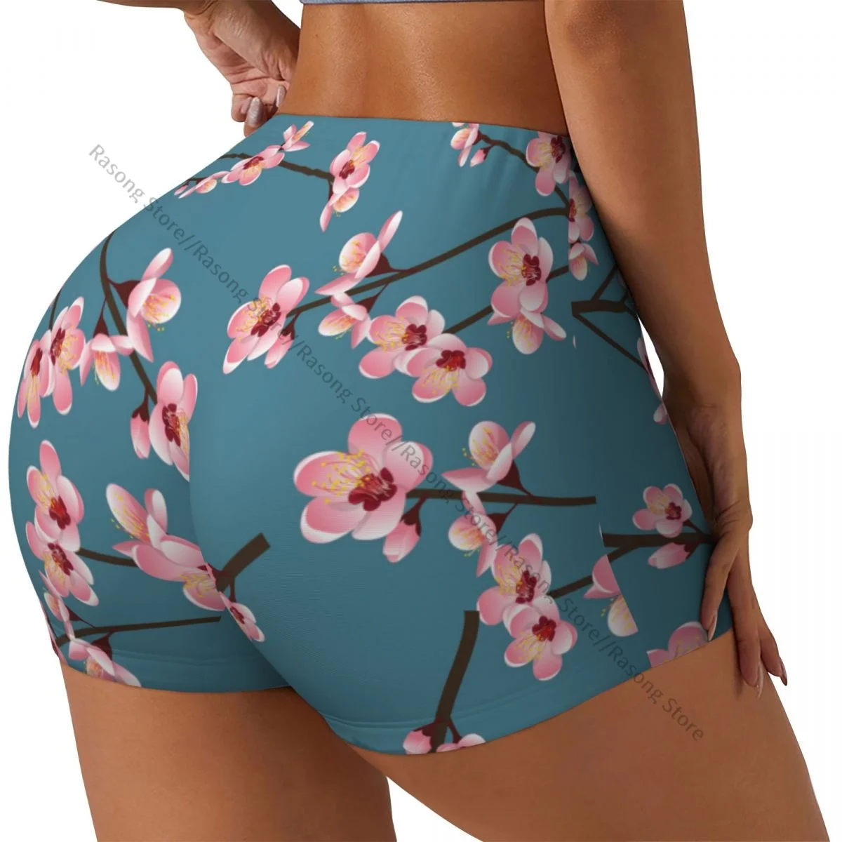 Women's Yoga Shorts Sakura Blue Background Scrunch Booty Butt Lifting Comfort Fitness Gym