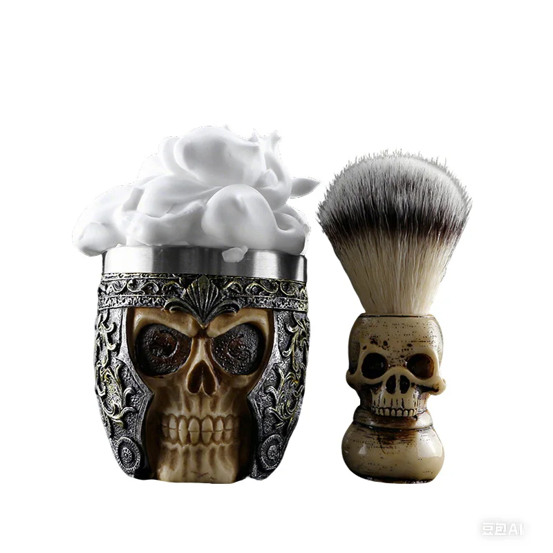 Professional 2in1 Beard Cleaning Set Resin Skull Ornament Beard Brush And Stainless Steel Soap Foam Bowl Razor Shaving Tool Kit