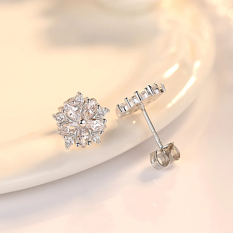 Real 925 Sterling Silver Woman\'s High Quality Fashion Jewelry Crystal Flower Hoop Earrings New XY0221