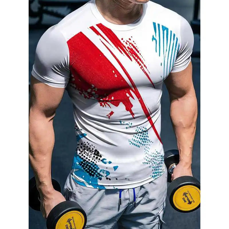 Street Graffiti Style Men's Cycling T-Shirt White Red Blue Splatter Brush Print Quick Dry Athletic Tight Short Sleeve Tee Breath