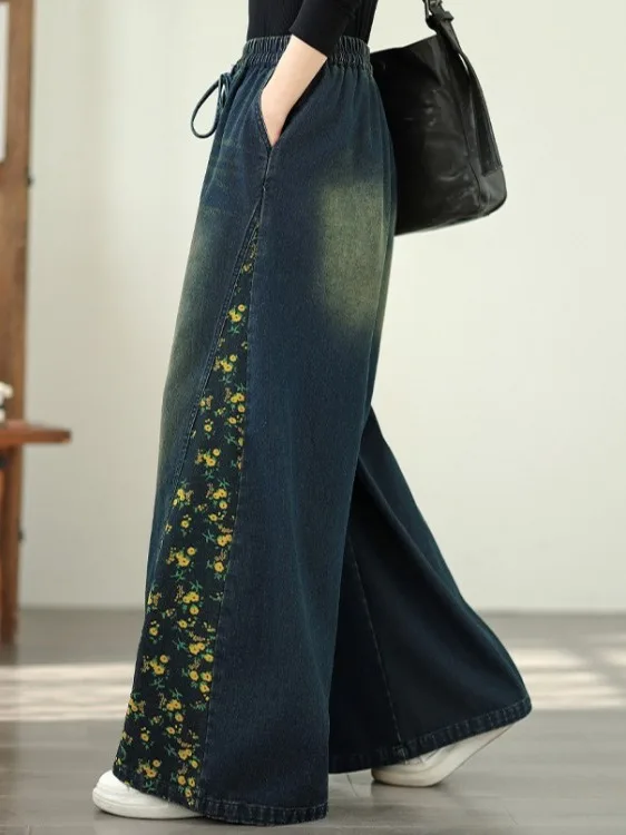 

Большие размеры, женские лоскутные джинсовые повседневные брюки с цветочным принтом, свободные леггинсы с эластичной резинкой на талии, утягивающие широкие джинсы