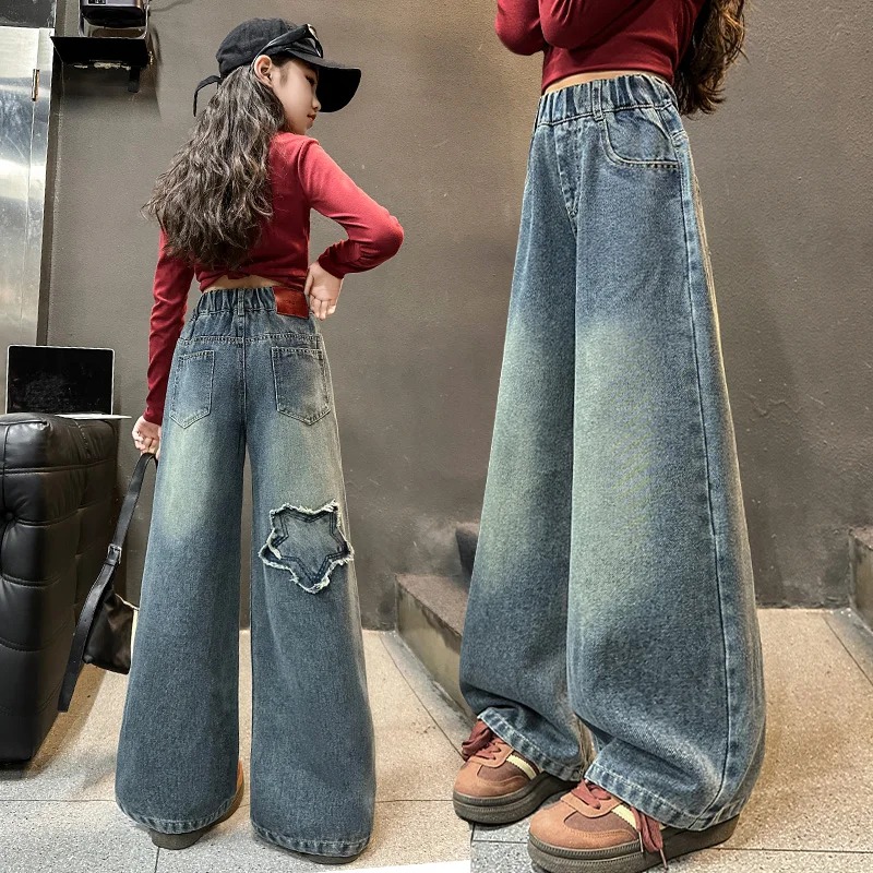 

Новинка 2025 года, осенние широкие прямые джинсы с вышивкой звезд, модные повседневные высококачественные джинсовые брюки