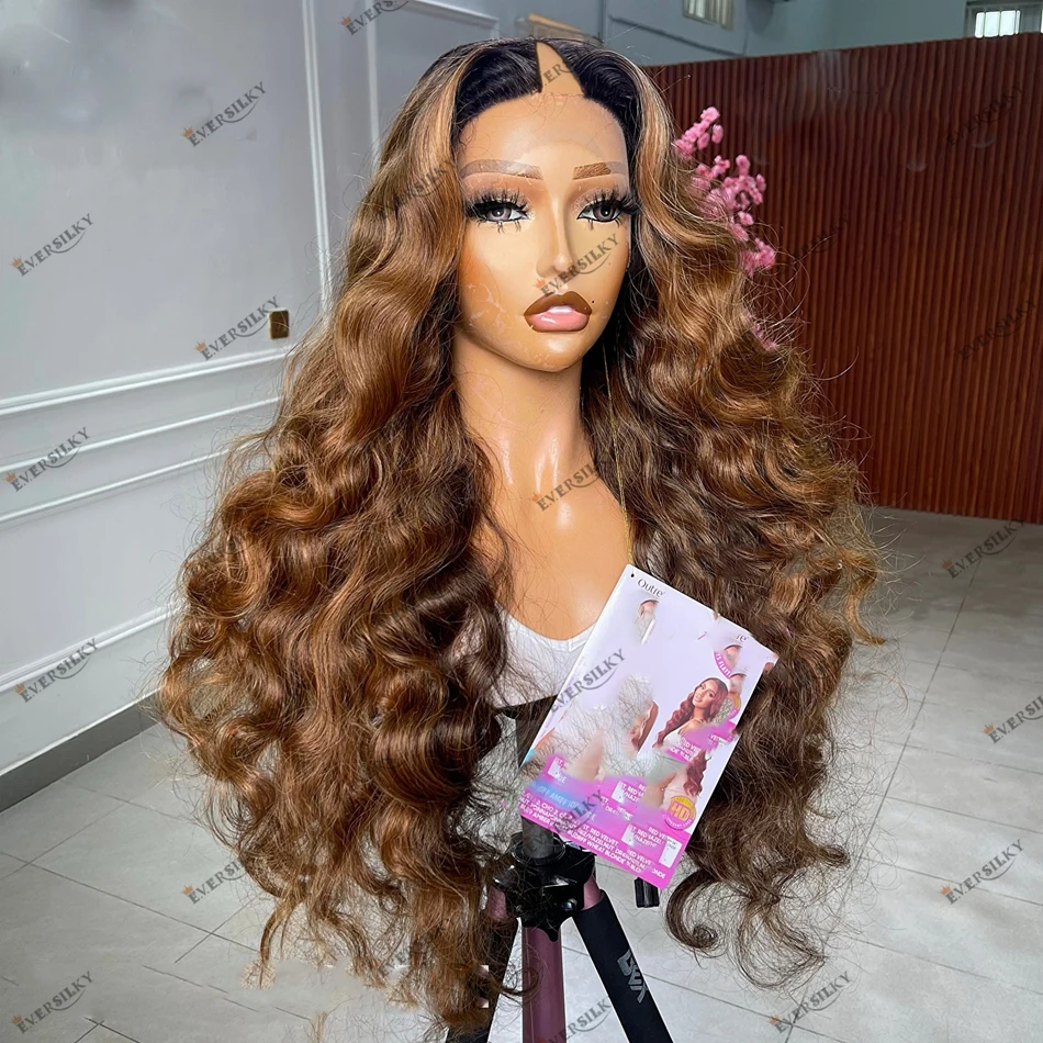 Honey Blonde Deep Wave Ombre Balayage Human Hair U Part Wig for Black Women Easy Wear V Part Wig with Clips&Combs Women Wigs