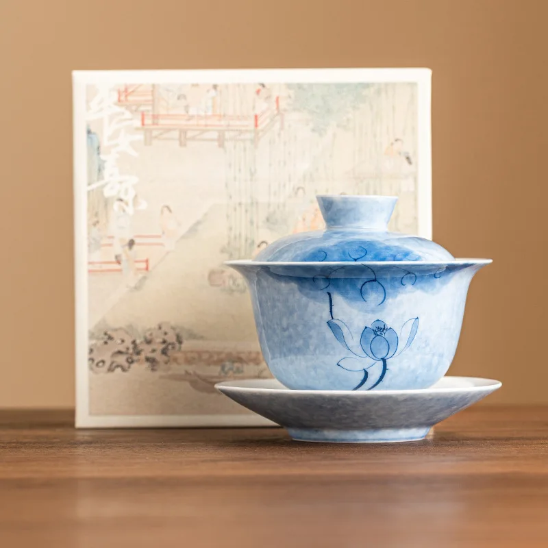 Hand-painted Blue Lotus Three Cover Bowl Ceramic Kung Fu Tea Cup Anti-ironing Single Tea Set Tea Bowl With Cover Large