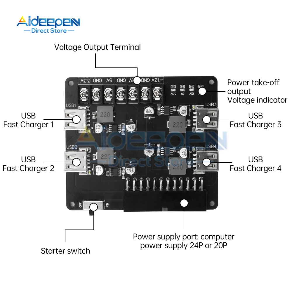 24 Pins 4 Usb Atx Voeding Breakout Board En Acryl Case Kit Module Adapter Power Connector Ondersteuning 12V 5V 3.3V