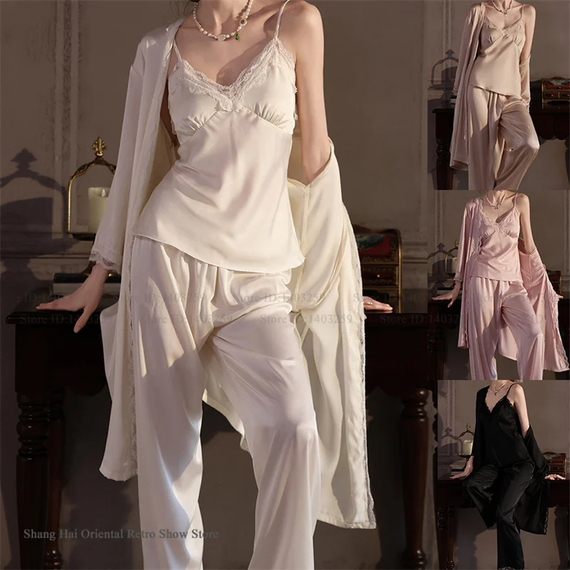 

Женский комплект пижам из 3 предметов: атласный халат, брюки и топ. Новинка весна-лето. Сексуальное домашнее белье, свободная одежда для сна и отдыха.