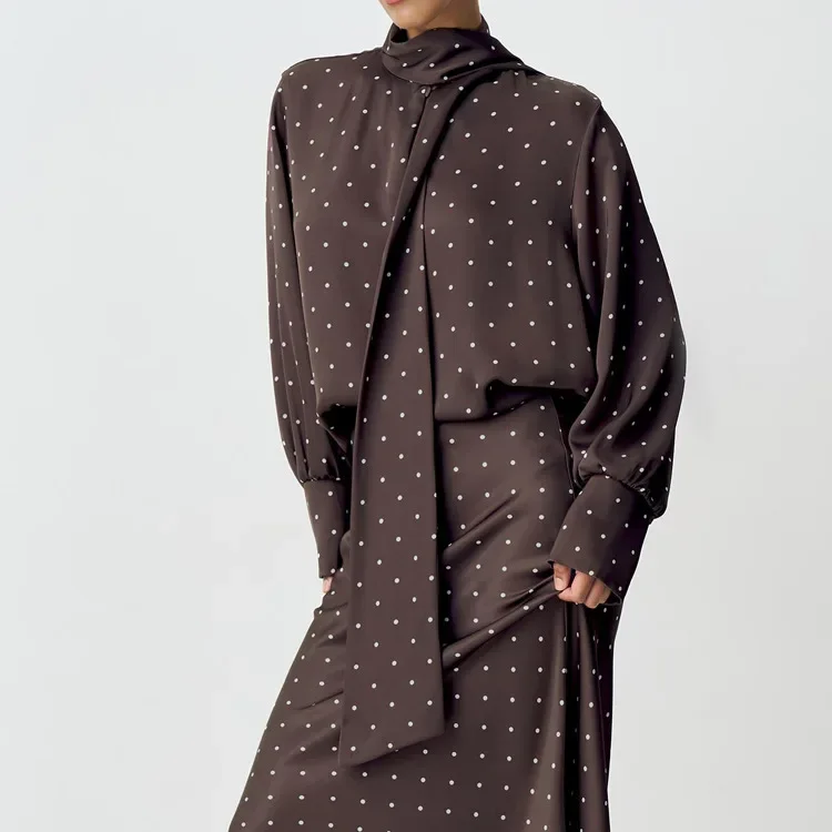 

2025 Spring Autumn New Digital Print Satin Polka Dot Long Sleeve Tie Waist Women Shirt Retro Elegant Top