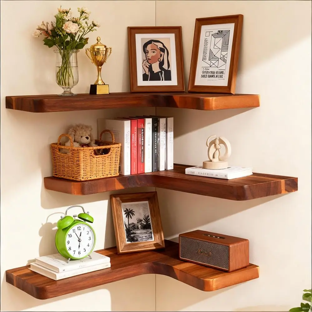

Floating Corner Shelves, Wall Shelf Set of 3, Shelves for Wall Storage, Solid Wood Shelves for Storage, Wall Mount Wood