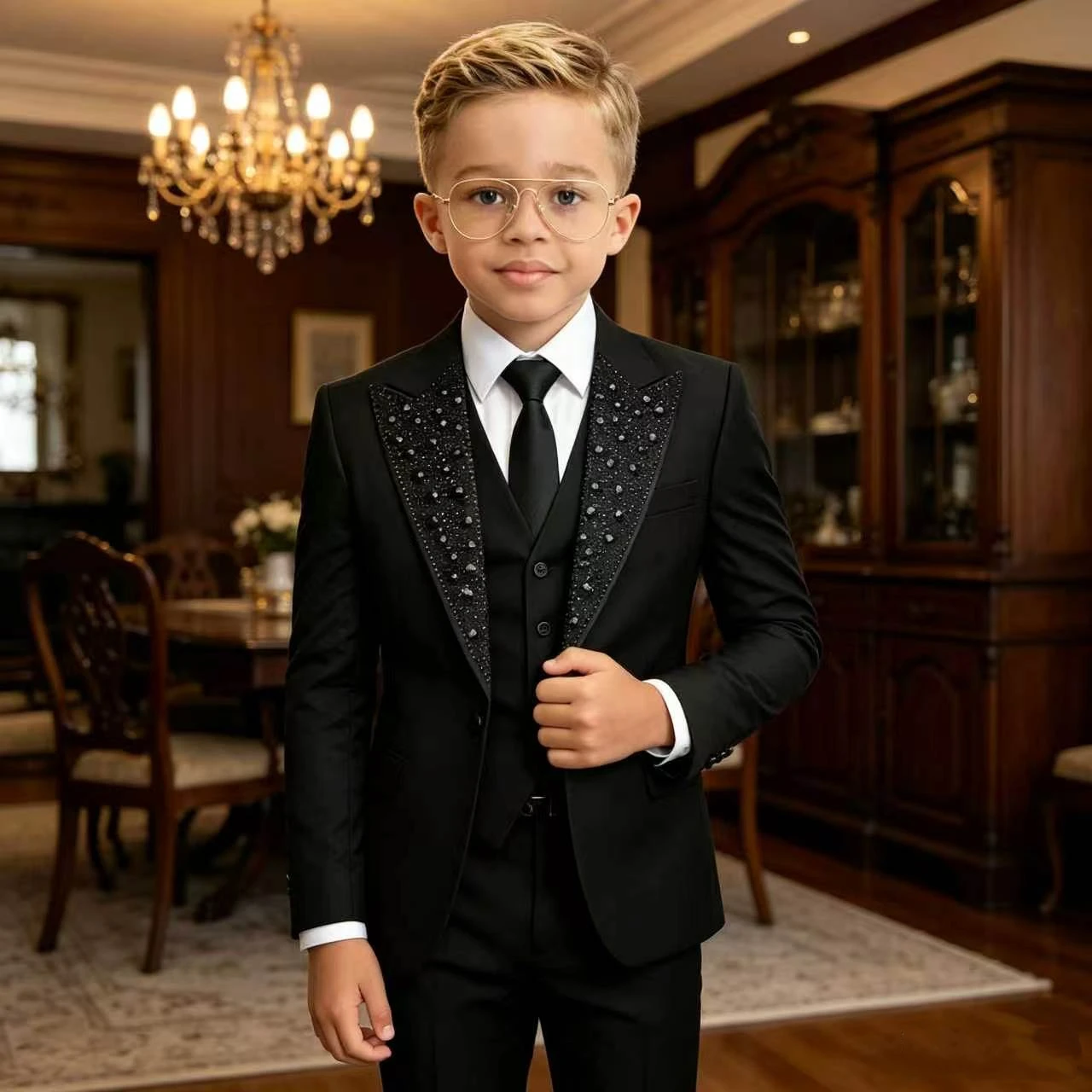 Shiny Silver 3-Piece Boys Suit Set with Tassel Accents for Stage Performance Party Wedding Guest Outfits Stylish for Ages 3-16