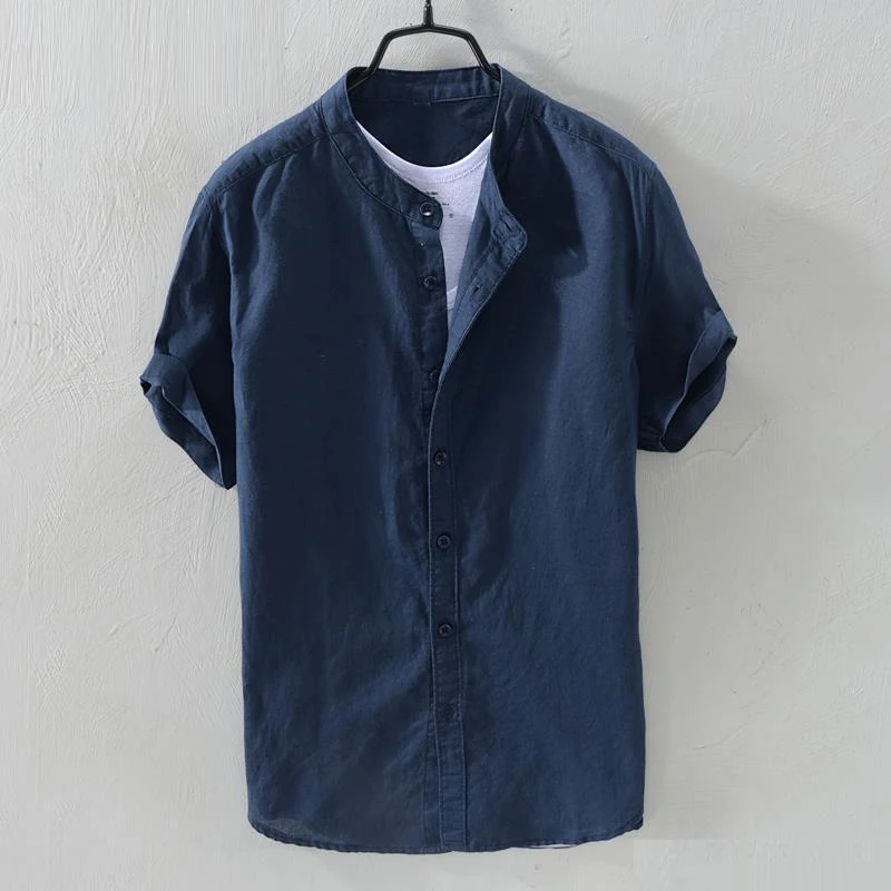 Men Retro Simple Casual Stand Collar Cotton Linen Button Shirts Summer Japanese Style Solid Short Sleeve Tops Camisas De Hombre