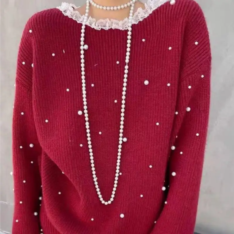 

Новая зимняя мода, универсальная красная рождественская женская мода, кружевной воротник с бисером, свободная обтягивающая талия, полуюбка, вязаный комплект из двух предметов