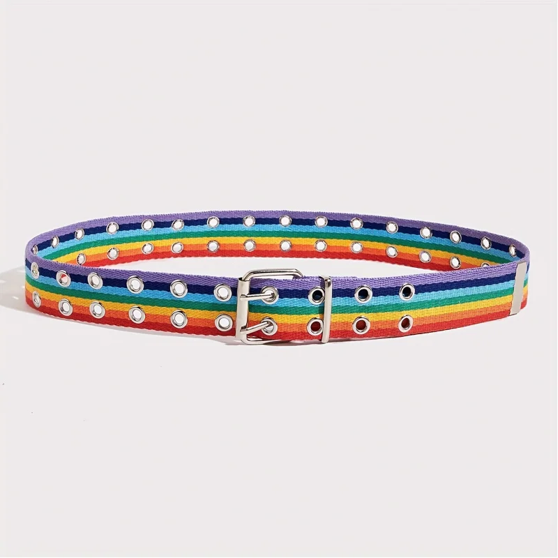 New Rainbow Nylon Braided Double Exhaust Eye Patchwork Women Canvas Belt With Jeans