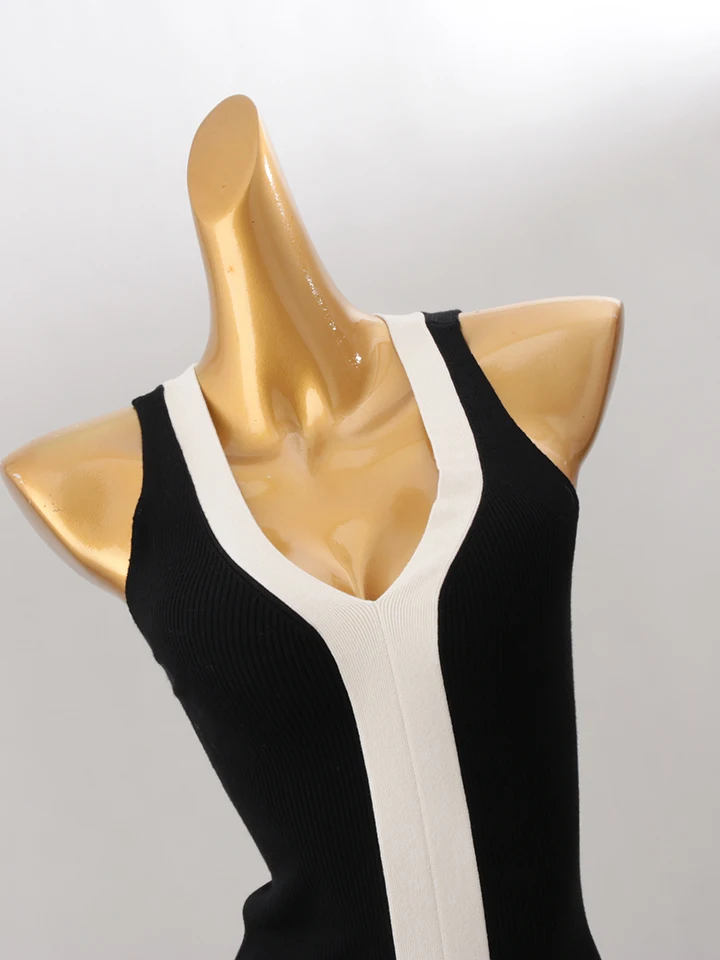 Seksowny komplet z dekoltem w serek, blokami kolorów, wysokim stanem, wyszczuplający, elegancki strój do pracy, damski, prosty krój, wiosenny.