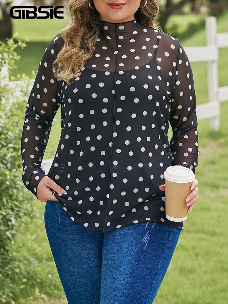 

GIBSIE Plus Size Polka Dot See Through Mesh Top Women's Spring Summer Stand Collar Long Sleeve Slim Fit Elegant T-Shirts Tops