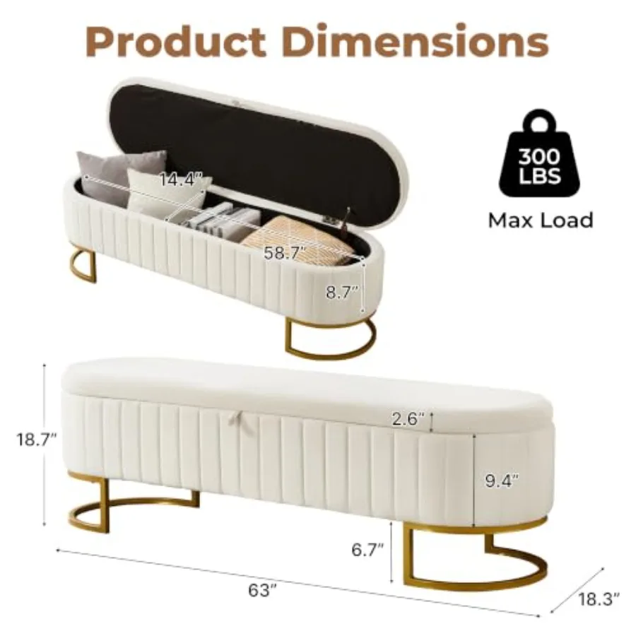 Storage Ottoman Bench for Bedroom Living Room Entryway and Window, Velvet Upholstered King Size Bench with Golden Metal Legs, E