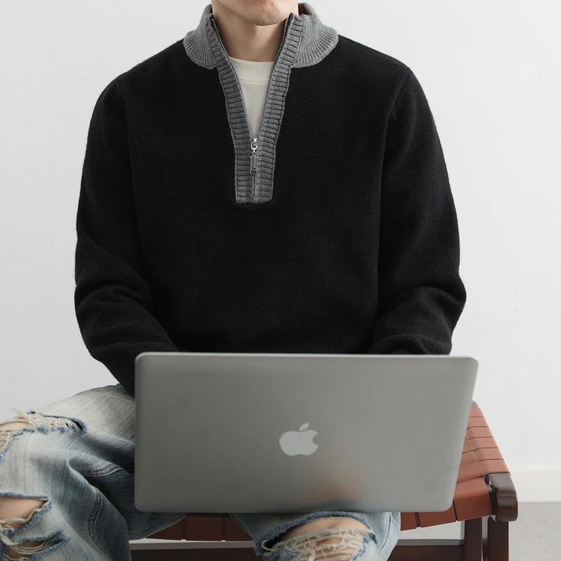 Men's Fleece Warm Sweater Half Zipper Male Pullover Knitted Winter Sweater White Cotton Clothes Vintage Red Black Knit Wear Coat