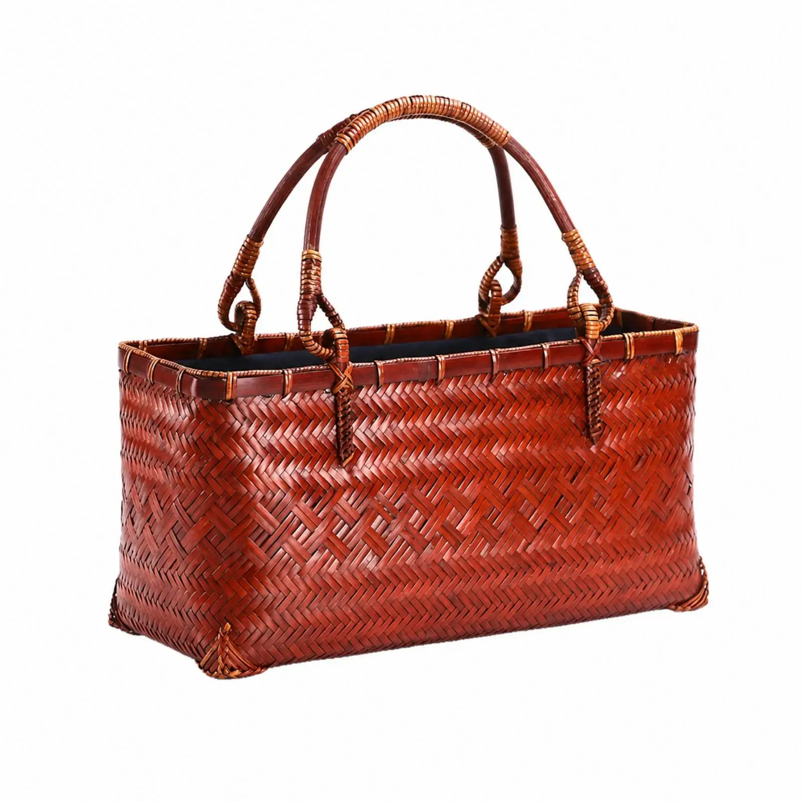 Woven Bamboo Bag Handmade Bamboo Basket with Handles Basket Handbag Rustic Lightweight for Tea Lovers, Picnics, Home Storage