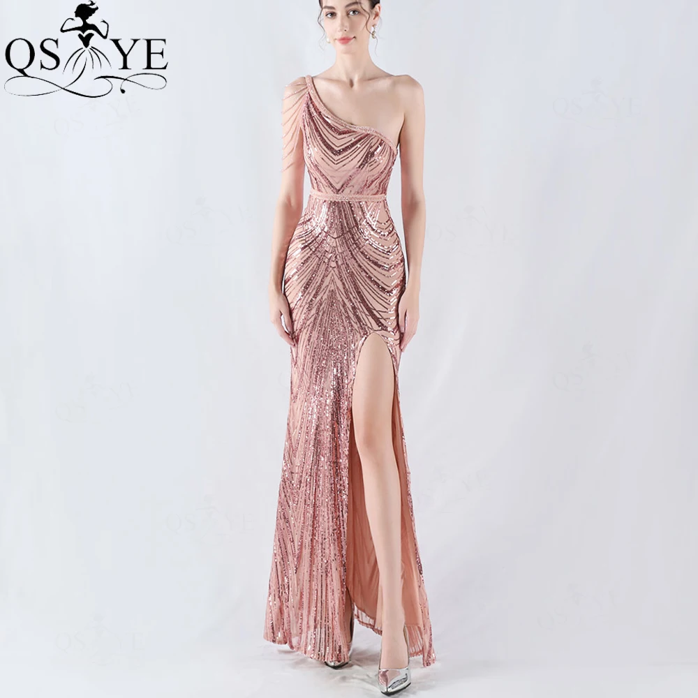 

Crystal Beaded One Shoulder Pink Evening Dresses Pattern Lace Sequined Slit Party Gown Fit Women Formal Dress for Bridesmaids