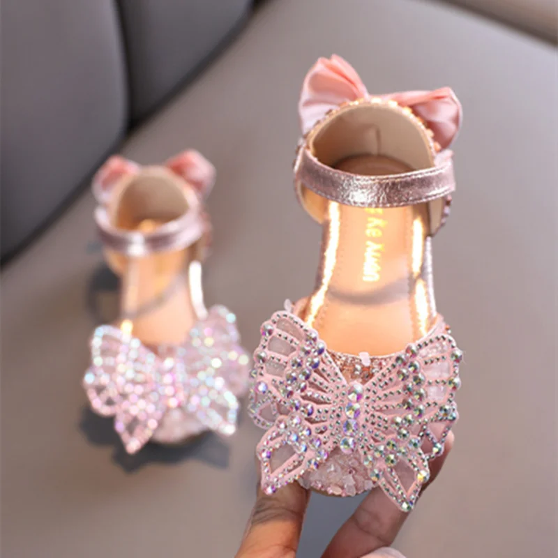 Princess Girls Crystal Mesh Butterfly Sandals Round Toe Bling Shoes Back Bow Magnetic Flat Heel Tacon For Tender Feet Black Pink