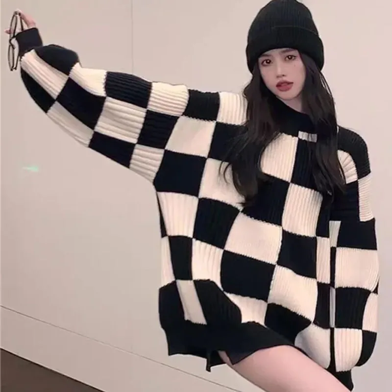 Checkered Sweater Women Harajuku Y2K Black White Plaid Pullover Sweater Long Sleeve Fashion Streetwear Winter Knitted Jumper