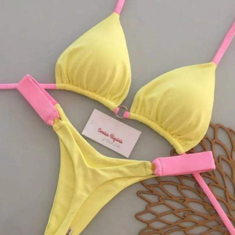 Damen O-Ring Halter Bikini Set Einfarbig Tie-Dye Bedruckt Zweiteiliger Badeanzug Verstellbare Seitenschnürung Dreieck-Badeanzug S-XL