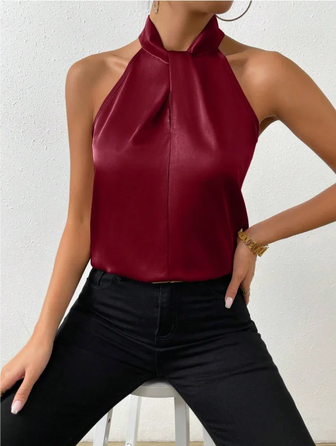 

2025 Women Satin Sleeveless Vest Summer Solid Color Halter Top Off-the-shoulder Sexy T-shirt Professional Women Office Shirt