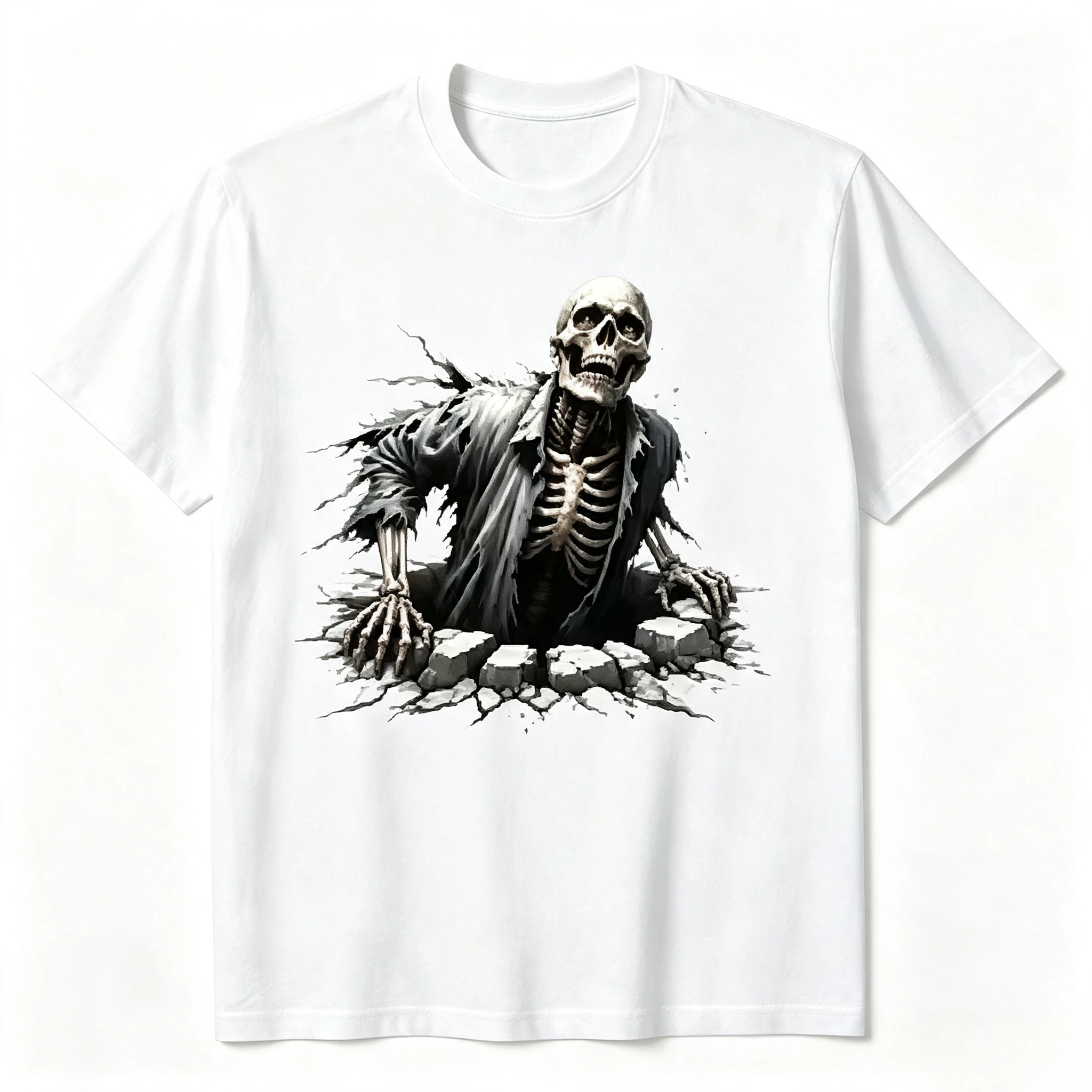 Vintage Crawling Out Cracked Ground Skeleton Art T-shirt Men Women Halloween Cool Skeleton Printed Tee Loose Daily Trendy Tops