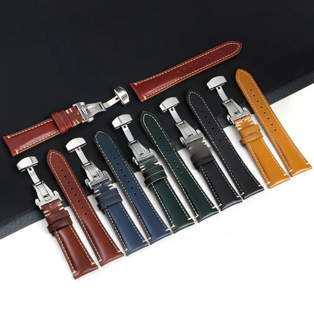 خياطة جلد البقر حزام لأوميغا 20 مللي متر 22 مللي متر 24 مللي متر الأصفر سوار المعصم ل Seiko BlackVintage الجلود حزام الساعات فراشة مشبك