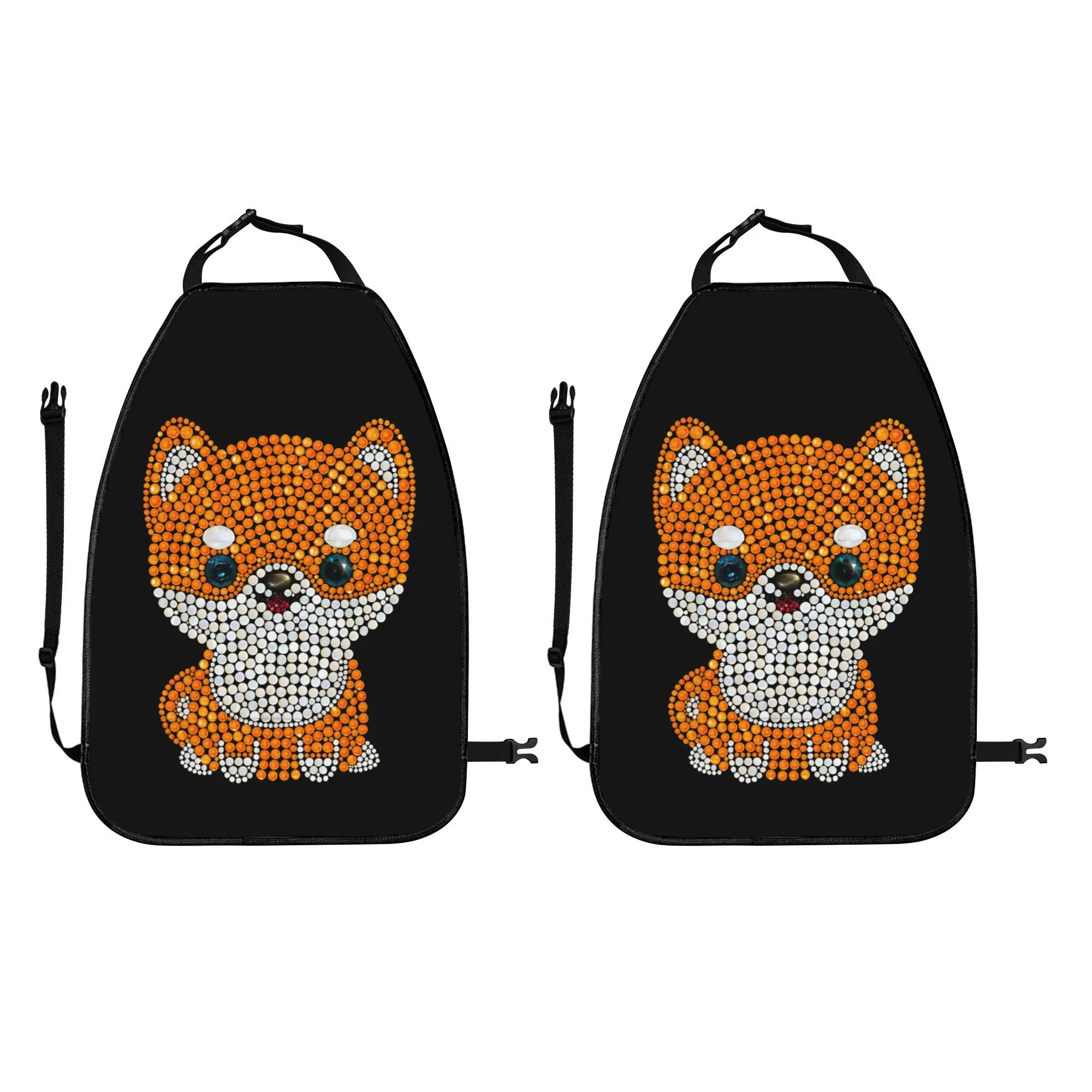 2D Flat 2pcs Cute Cartoon Shiba Inu Car Seat Backrest Storage Bag - Adjustable, Multifunctional, Anti Kick Storage Bag. Compatib